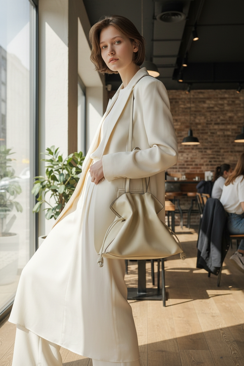 Genuine Leather Soft Tote – Cream Shoulder Bag with Knotted Detailing