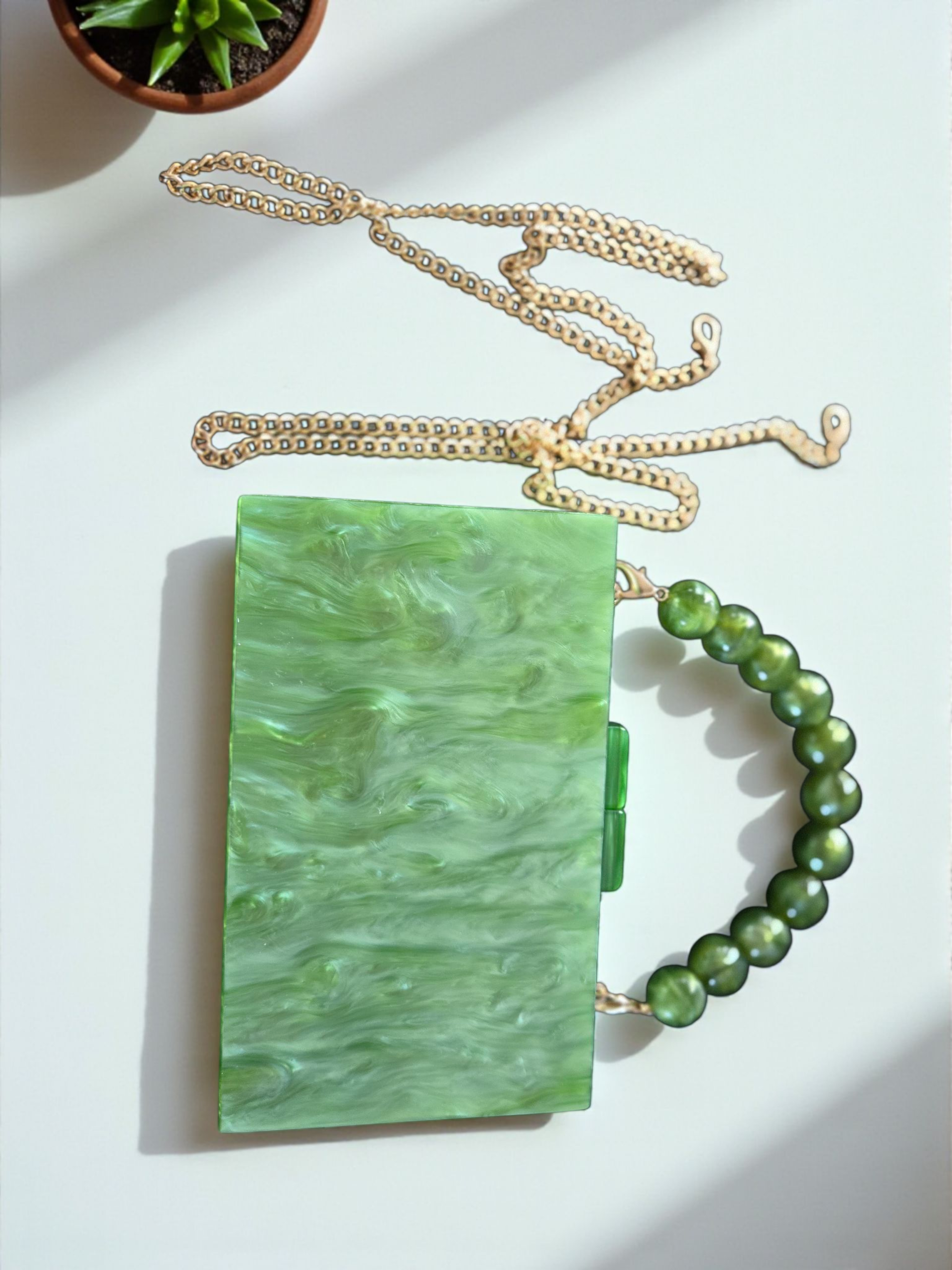 Green Marbled Acrylic Clutch with Beaded Handle & Gold Chain