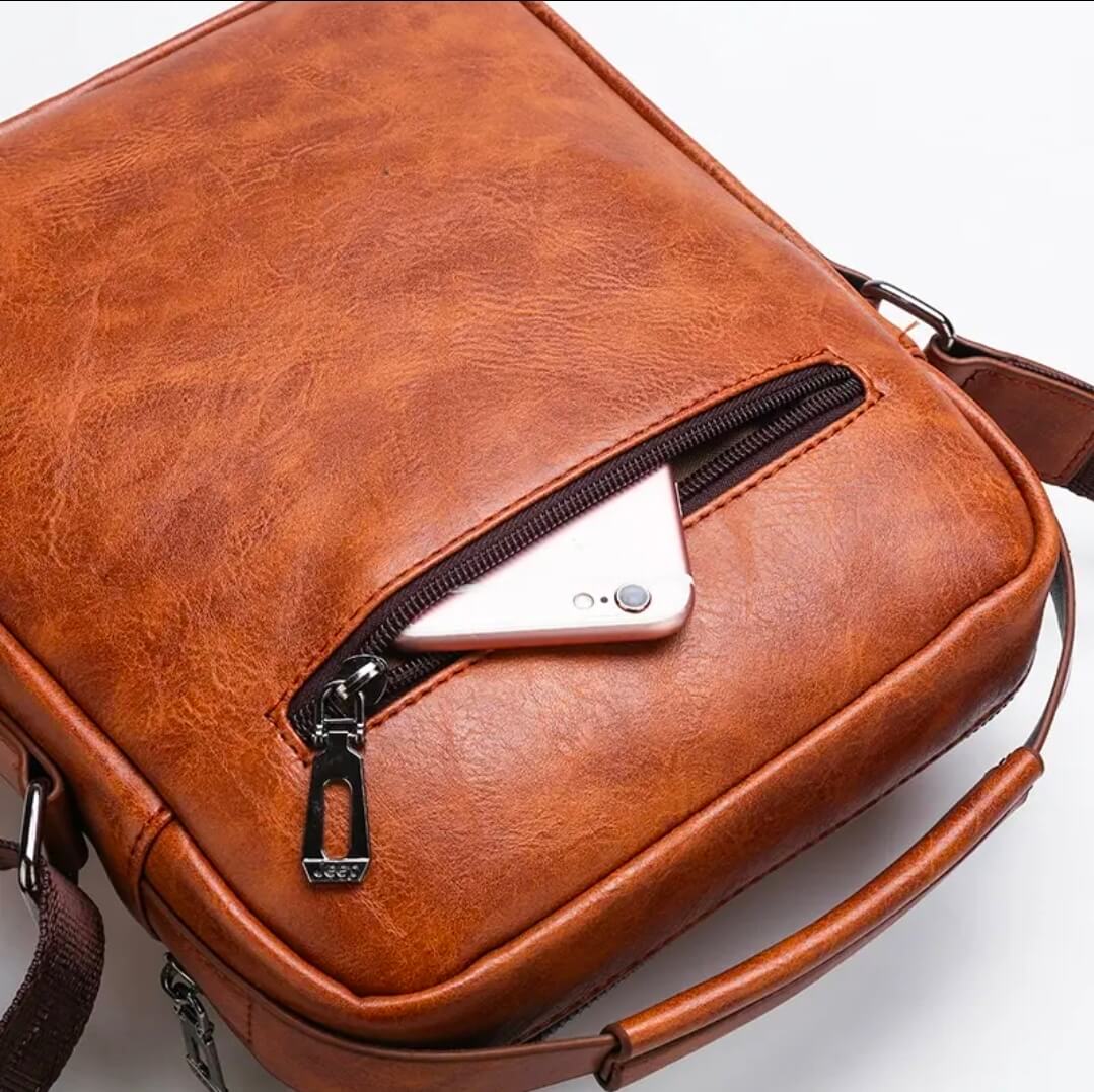 Men’s Vintage PU Leather Crossbody Messenger Bag – Light Brown
