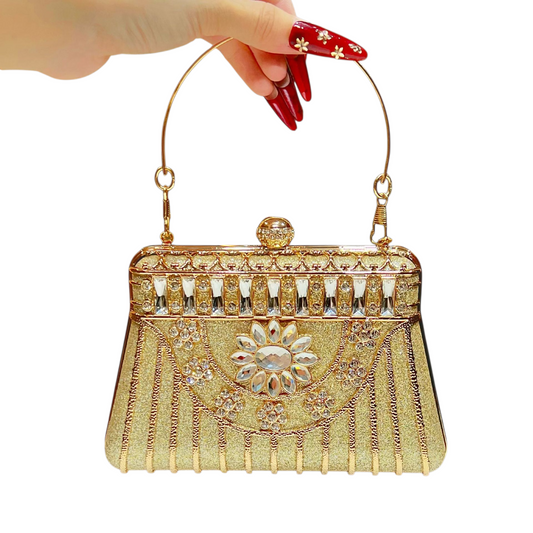 Royal Gold Crystal Clutch – Luxury Evening Handbag with Jewel Detailing