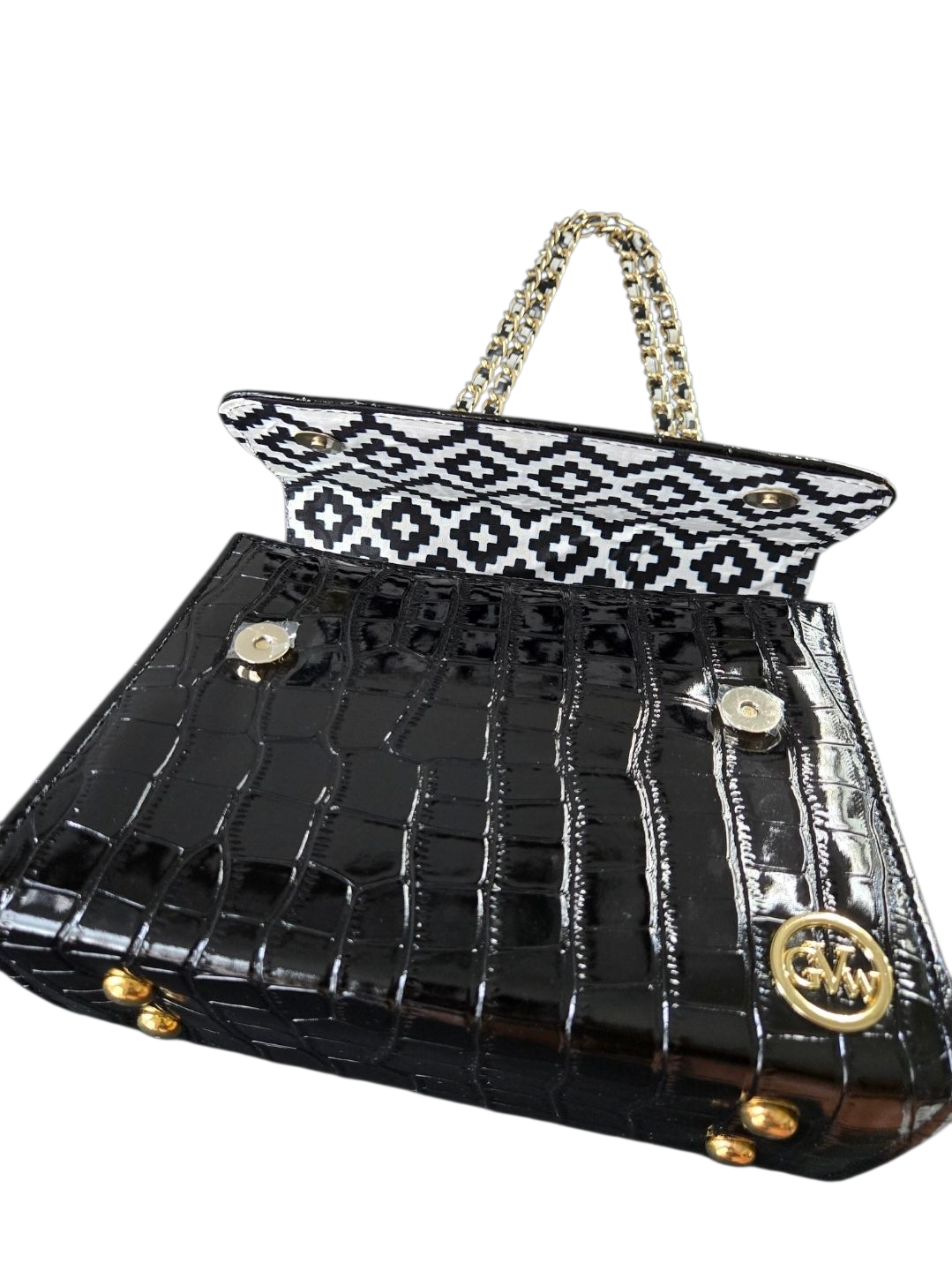 GVW Croc-Embossed Chain Shoulder Bag with Ankara Lining – Luxury Crossbody Black
