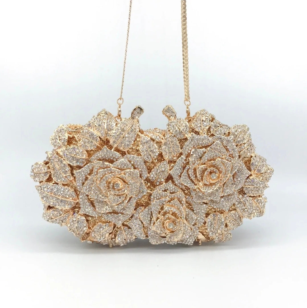Crystal Rose Garden Clutch – Luxury Floral Evening Bag Gold