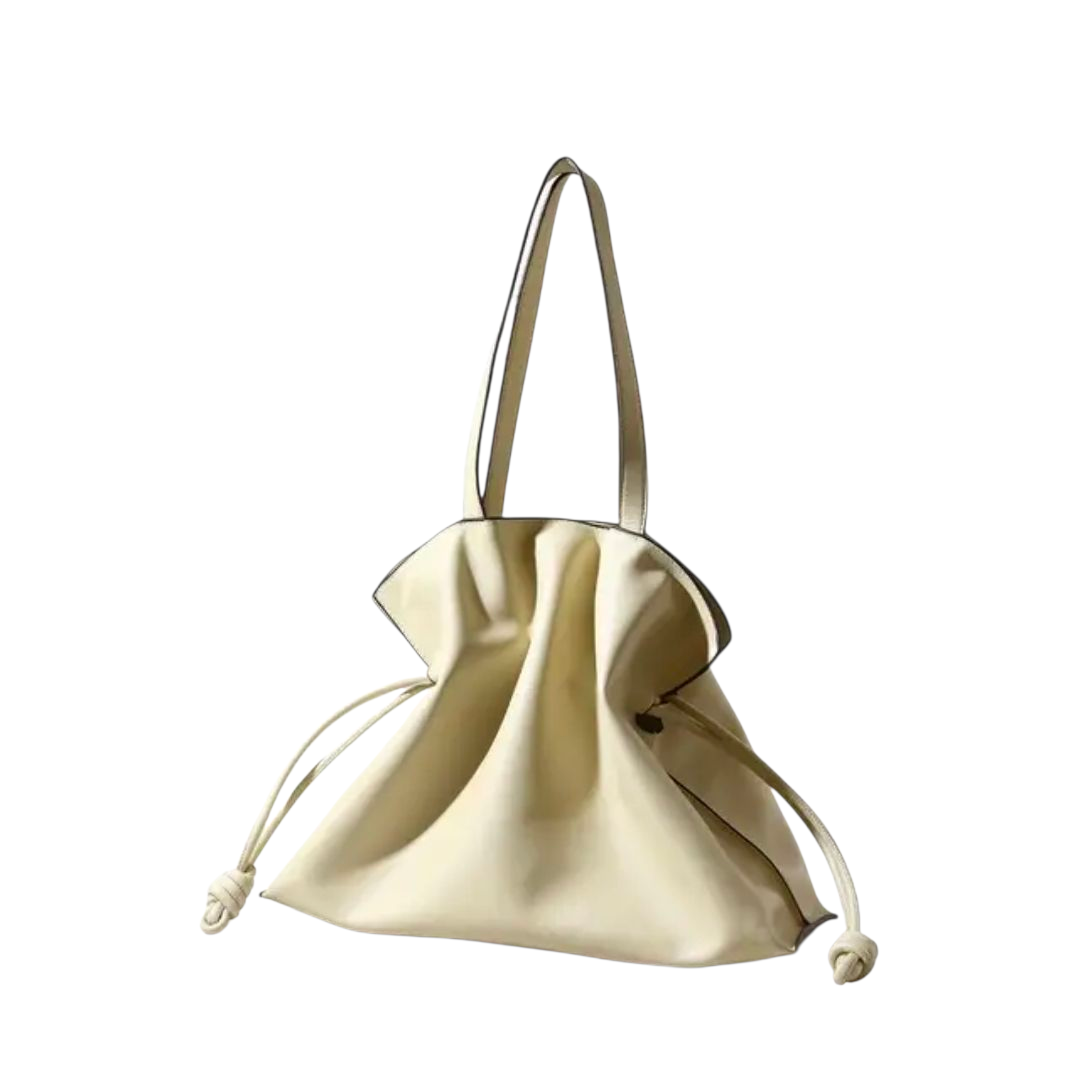 Genuine Leather Soft Tote – Cream Shoulder Bag with Knotted Detailing
