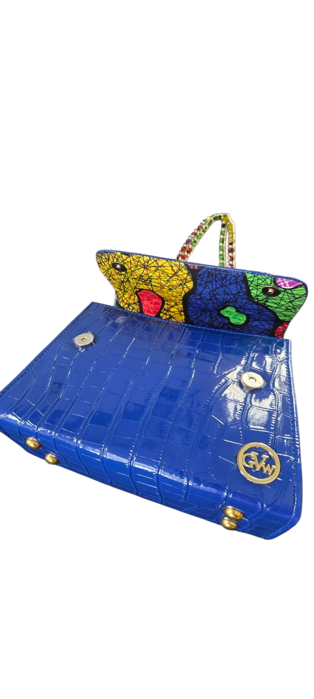 GVW Croc-Embossed Chain Shoulder Bag with Ankara Lining – Luxury Crossbody Blue