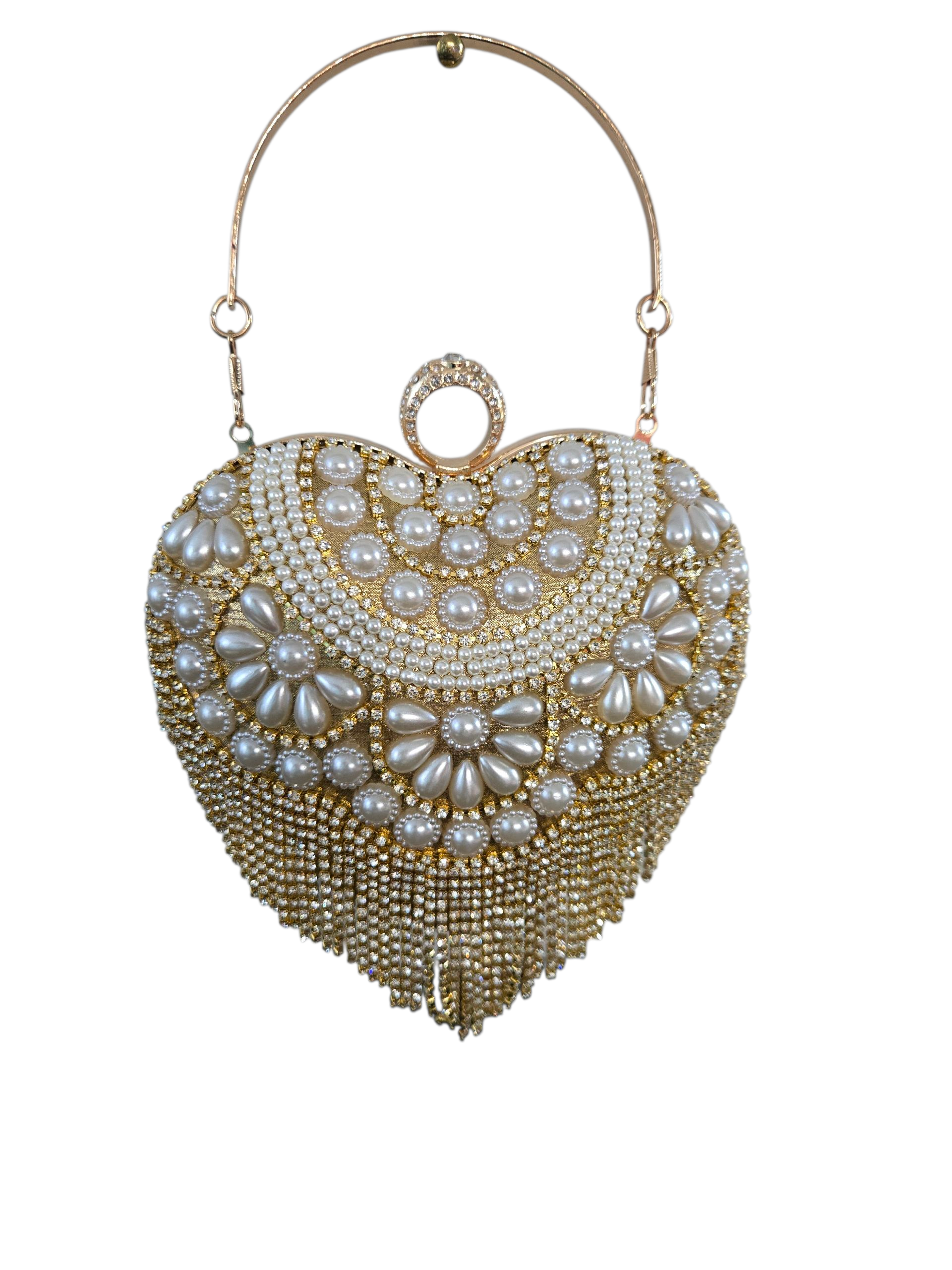 Heart-Shaped Pearl & Gold Beaded Handbag – Luxury Bridal Purse