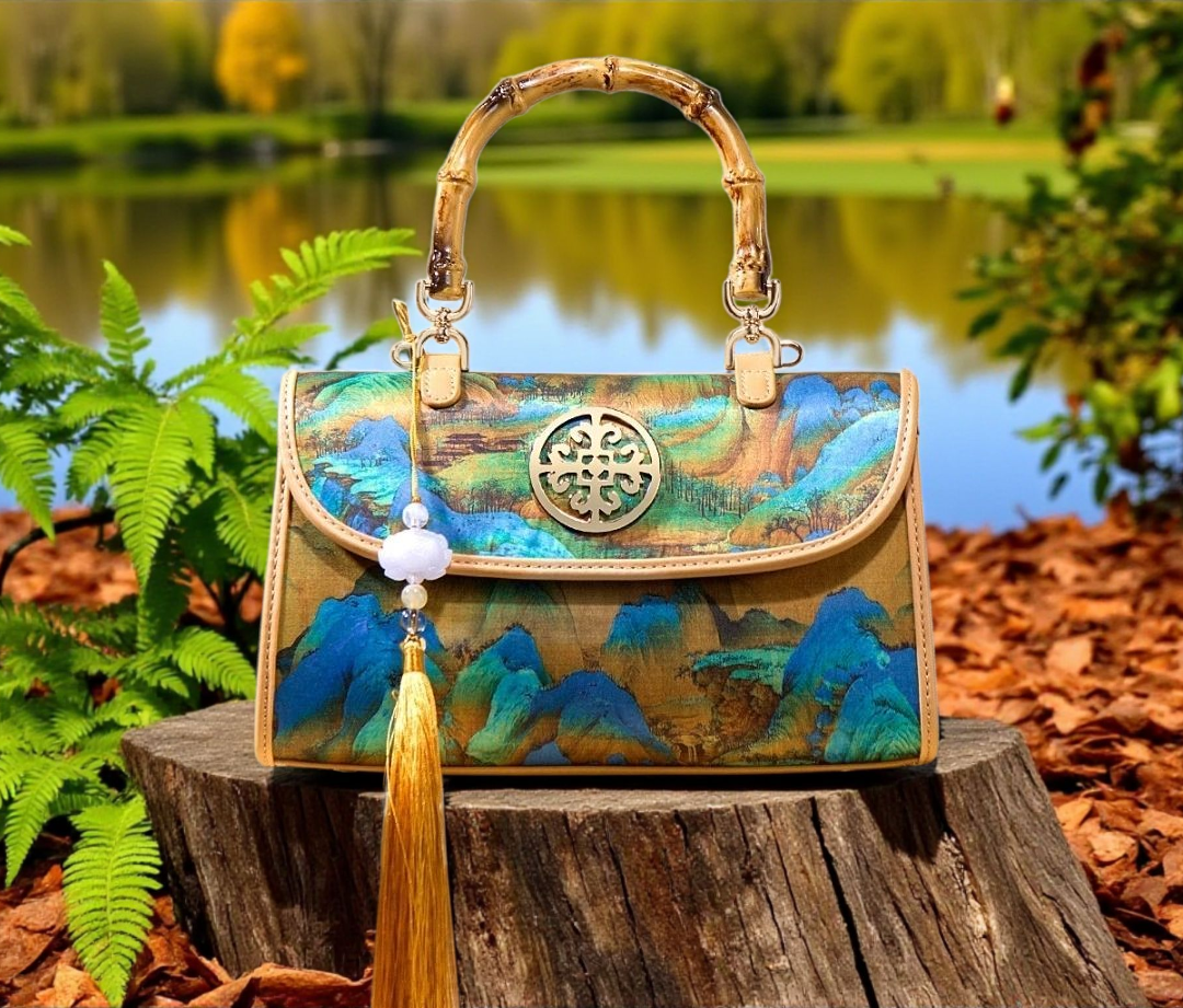 Luxury Bamboo Handle Handbag with Tassel – Artistic Landscape Print