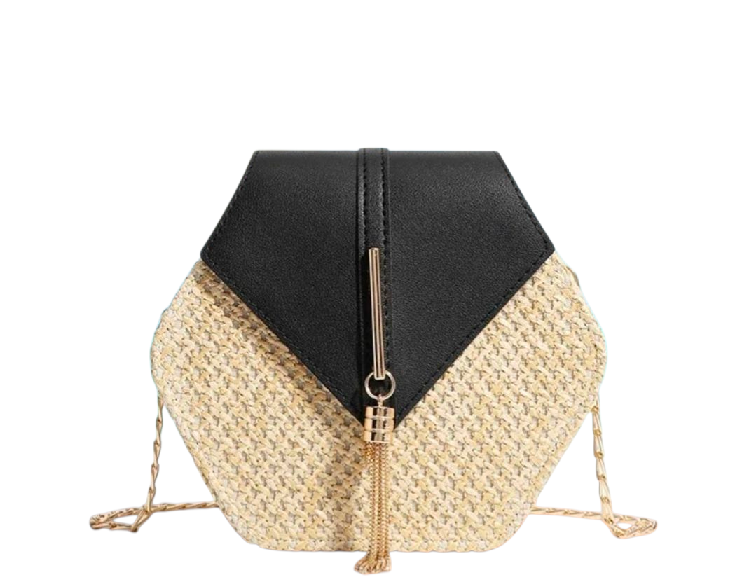 Hexagon Woven Crossbody Bag with Tassel – Beach Chic Black & Brown