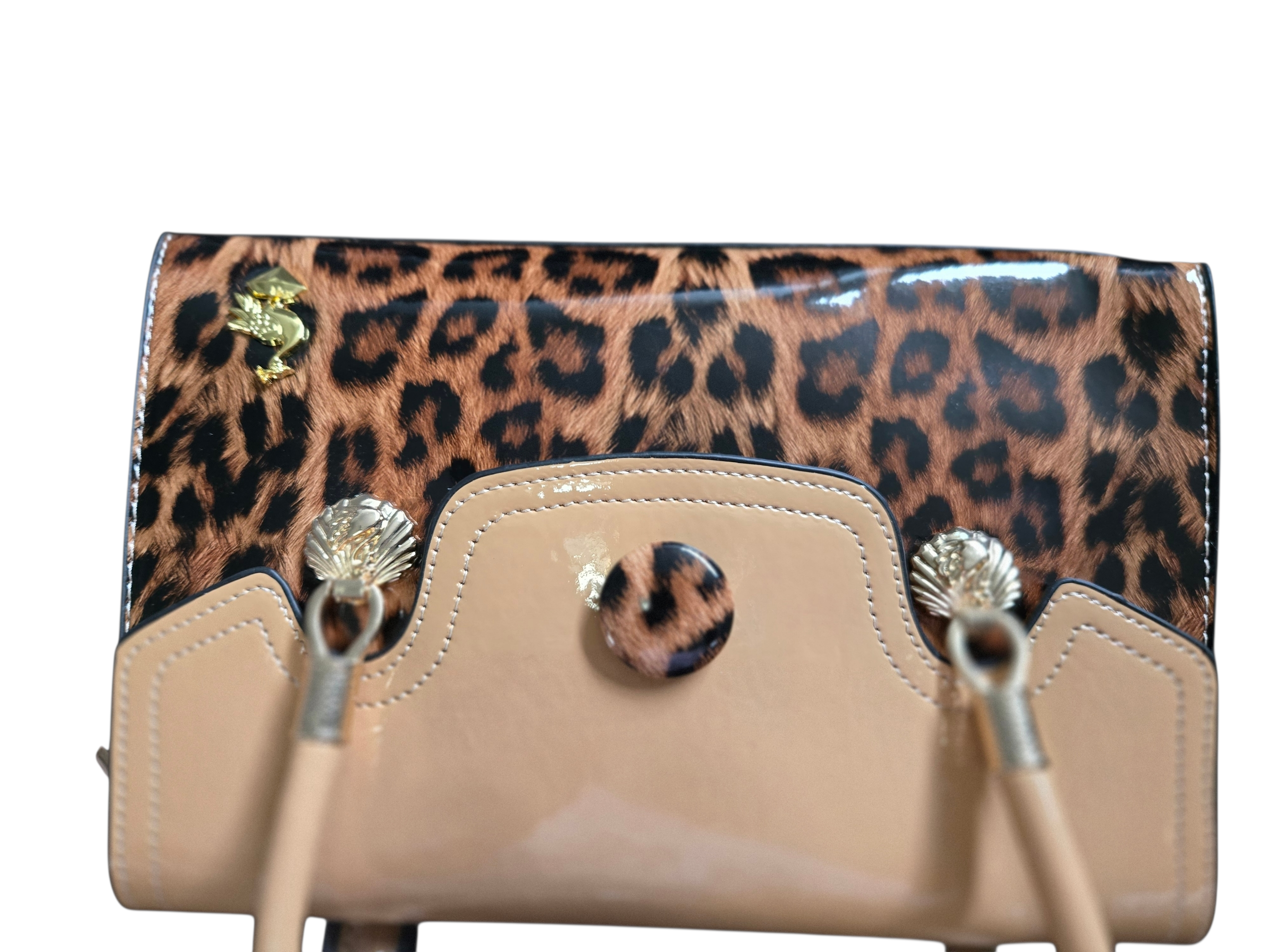 Leopard & Tan Leather Handbag – Luxury Statement Bag with Gold Accents