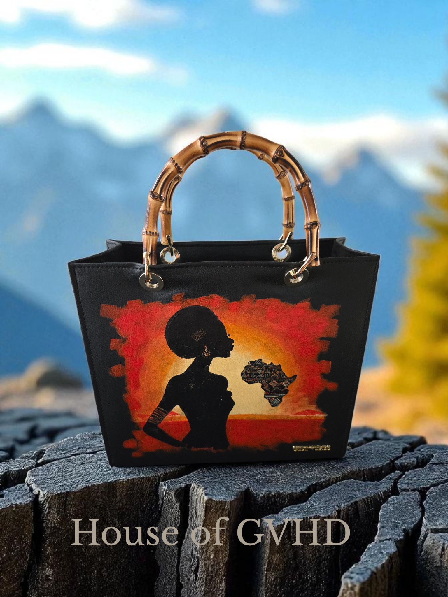 Gidi Vibes African Sunset Tote – Heritage Art Handbag with Bamboo Handles