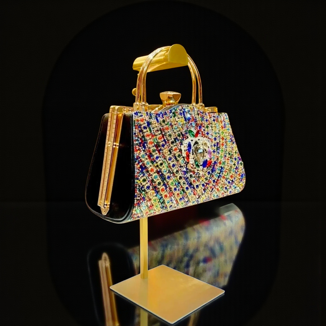 Multicolor Crystal Statement Handbag with Gold Top Handle – Luxury Evening Bag | House of GVHD