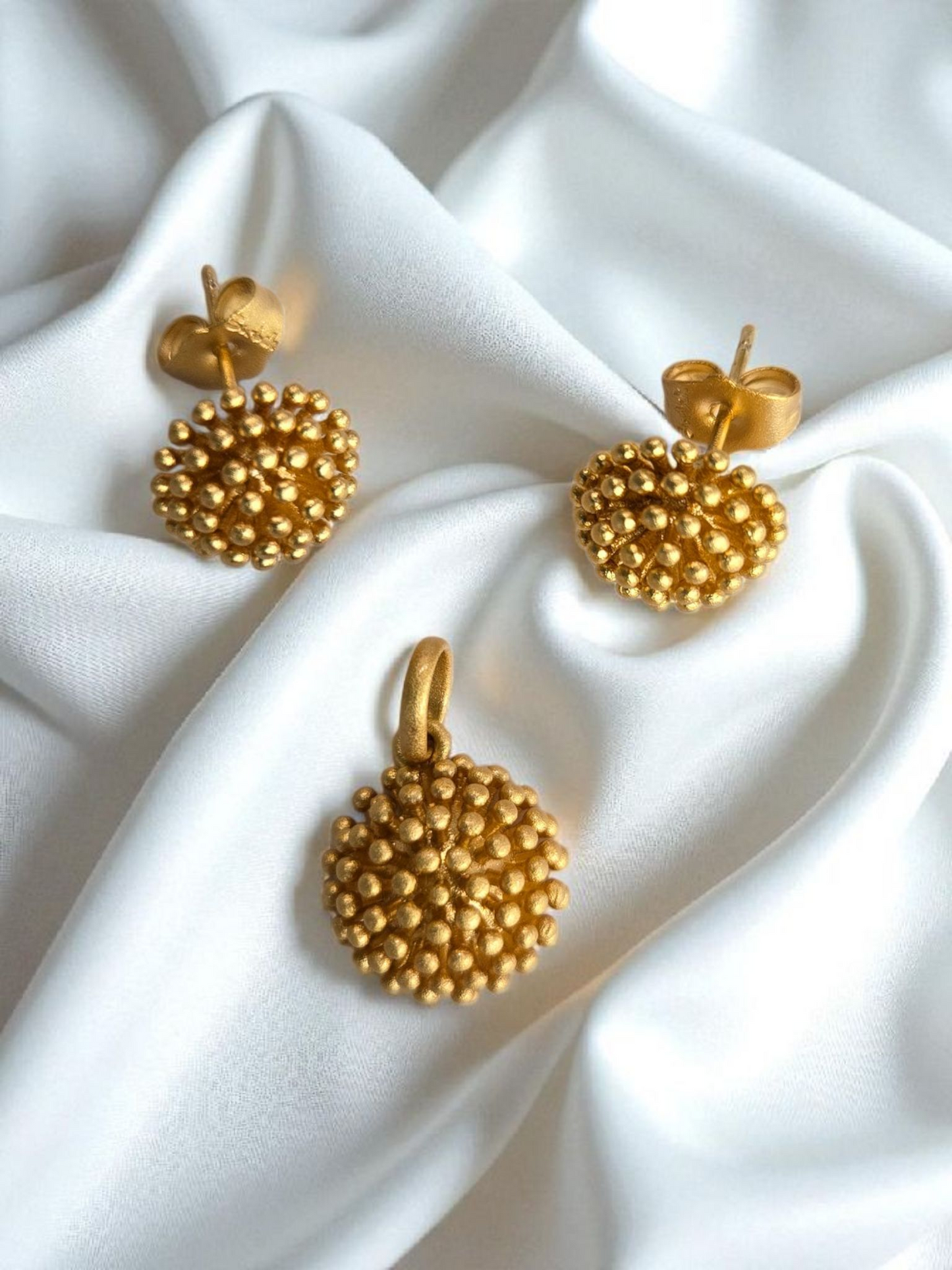 Gold Beaded Ball Jewelry Set – Earrings & Pendant