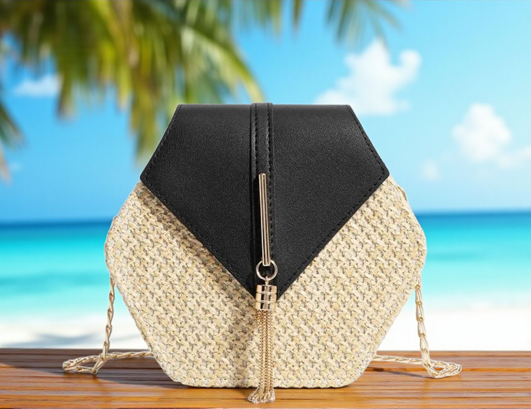 Hexagon Woven Crossbody Bag with Tassel – Beach Chic Black & Brown