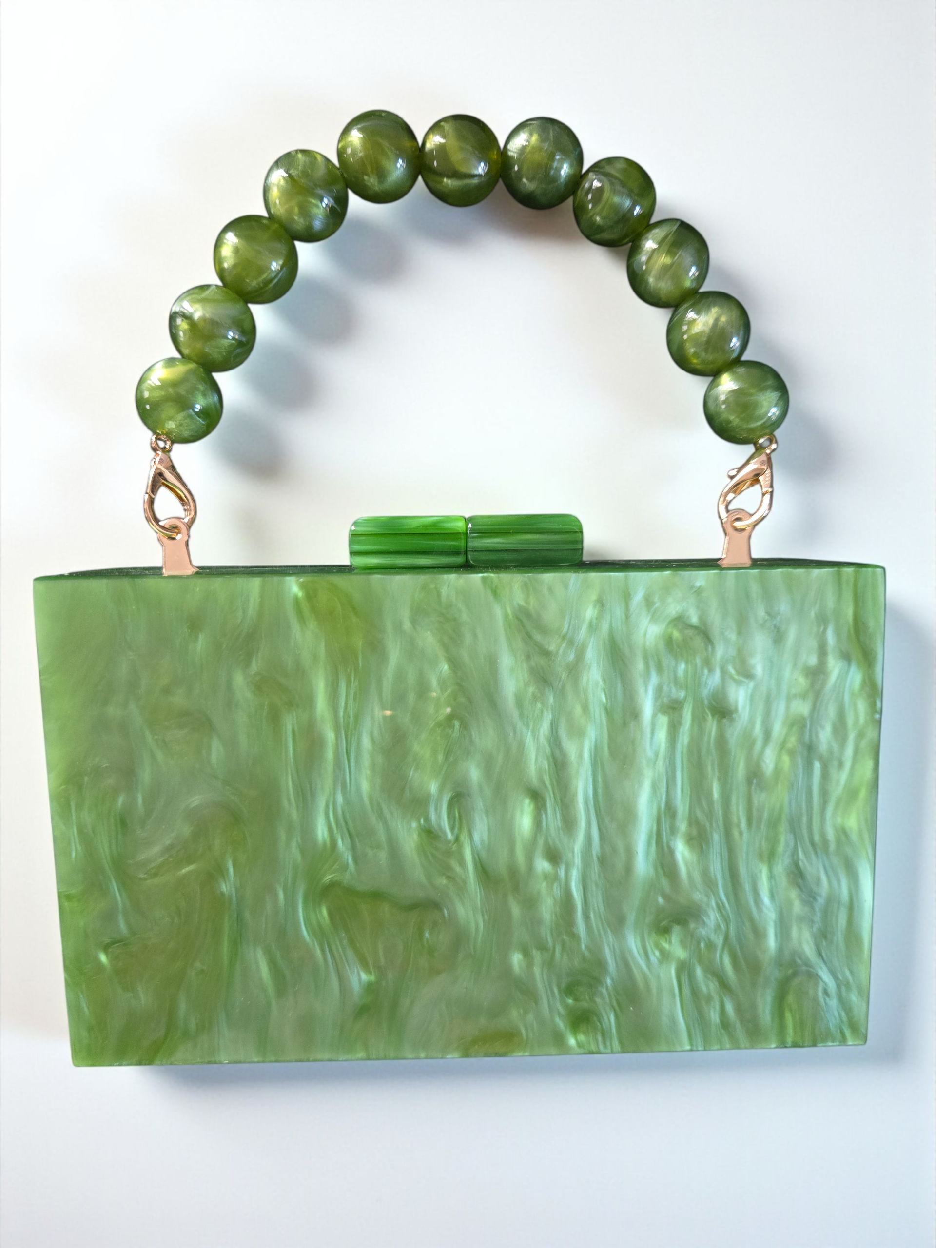 Green Marbled Acrylic Clutch with Beaded Handle & Gold Chain