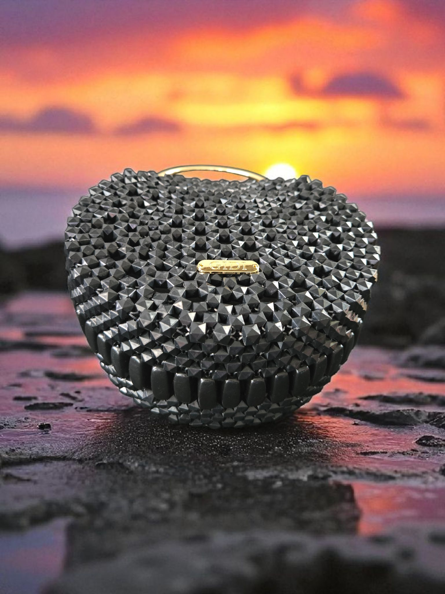 Black Beaded Round Bag with Gold Handles – Luxury Evening Handbag