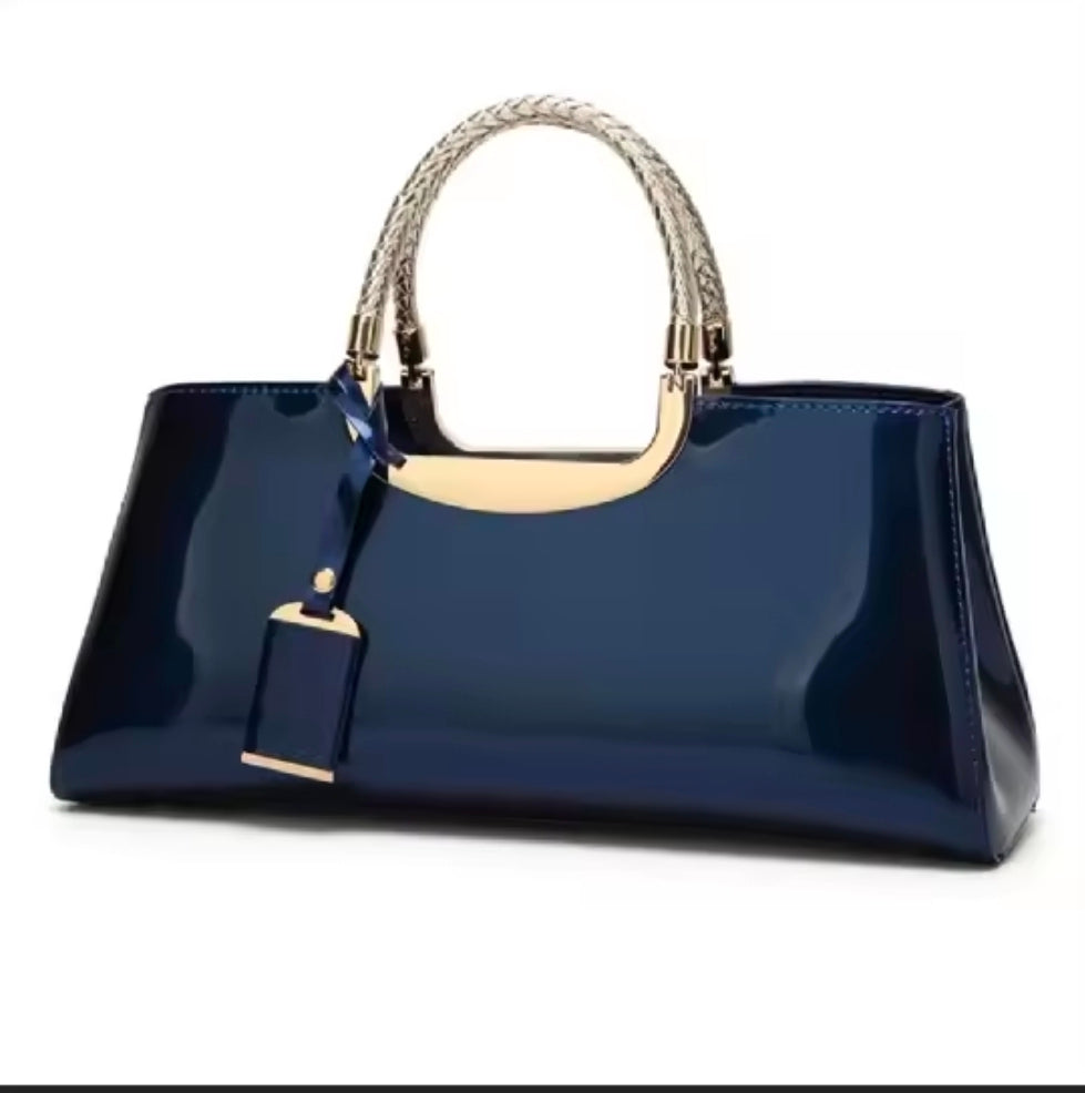 Patent Leather Handbag – Luxury Gloss Finish with Gold Handles, Red, White, Navy Blue