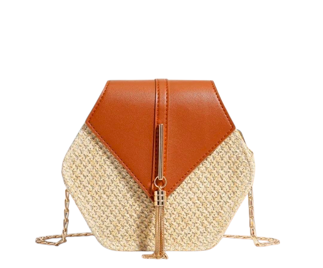 Hexagon Woven Crossbody Bag with Tassel – Beach Chic Black & Brown