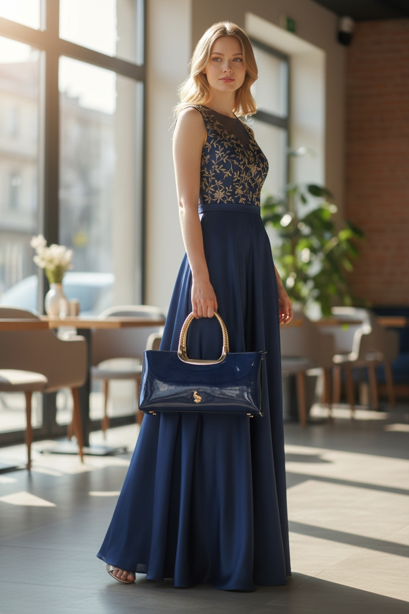 Patent Leather Handbag – Luxury Gloss Finish with Gold Handles, Red, White, Navy Blue