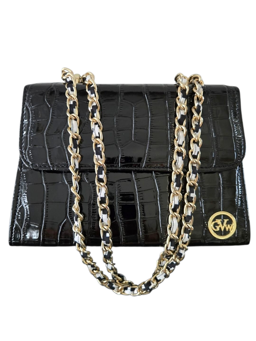 GVW Croc-Embossed Chain Shoulder Bag with Ankara Lining – Luxury Crossbody Black