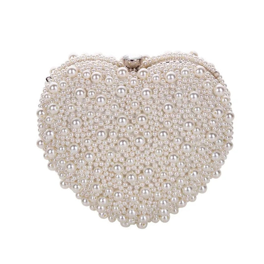 White Pearl Heart-Shaped Clutch – Elegant Bridal Handbag