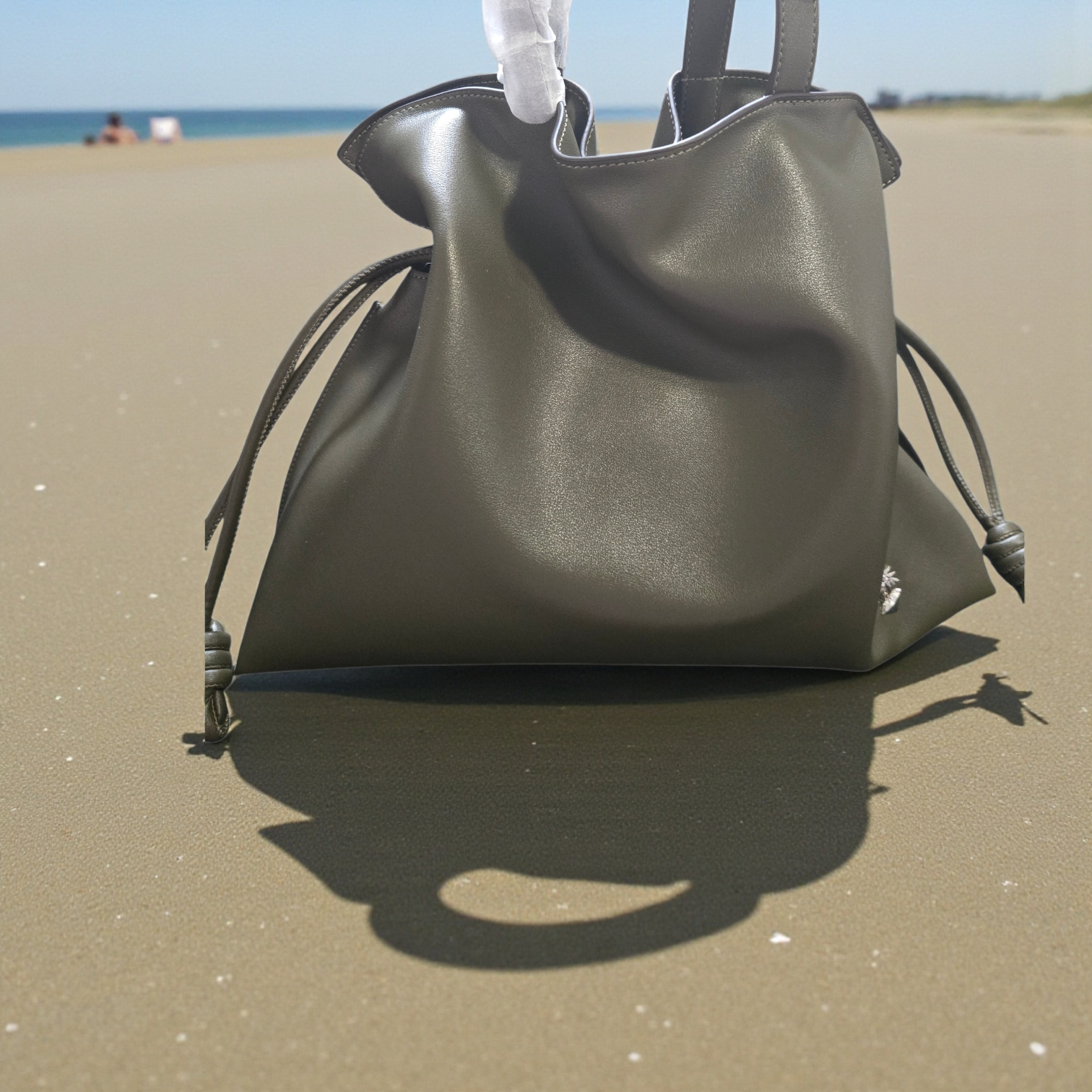 Genuine Leather Soft Tote Bag – Modern Olive Green, Cream and Tan Shoulder Bag