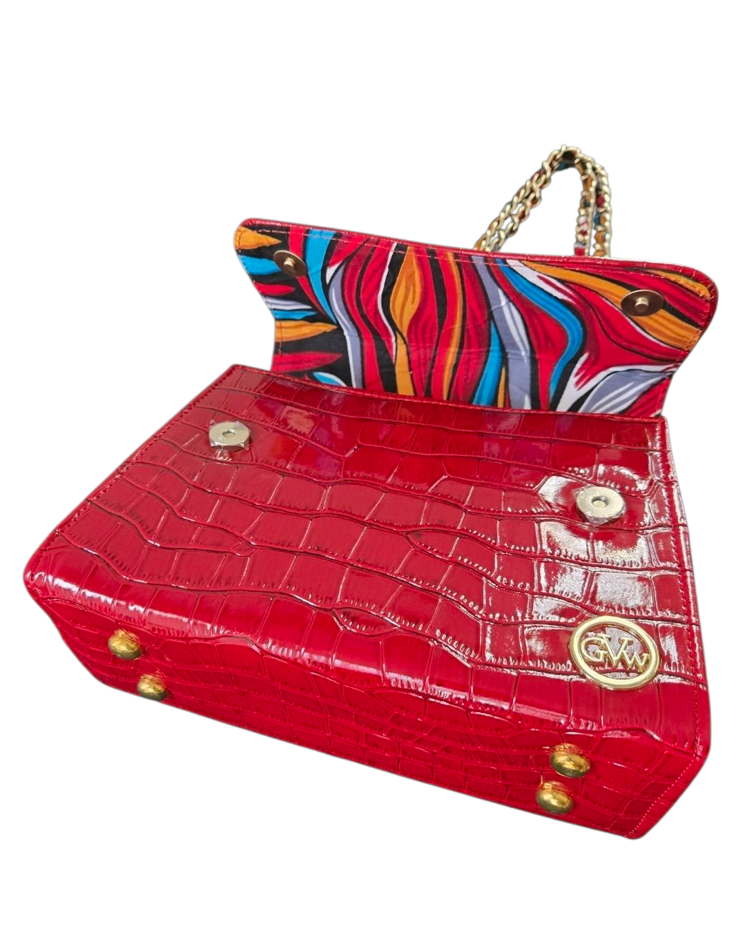 GVW Croc-Embossed Chain Shoulder Bag with Ankara Lining – Luxury Crossbody Red