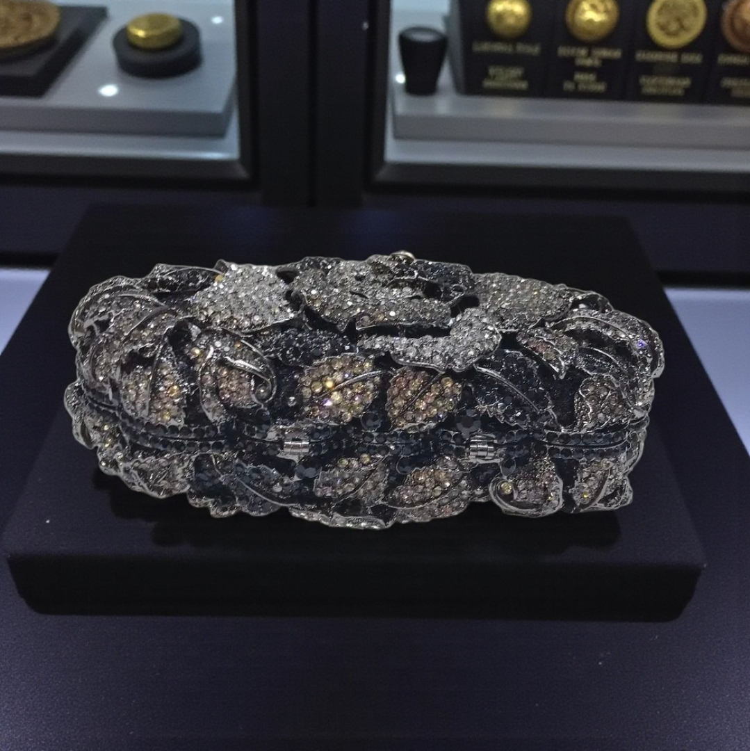 Crystal Rose Evening Clutch – Luxury Floral Rhinestone Bag Black