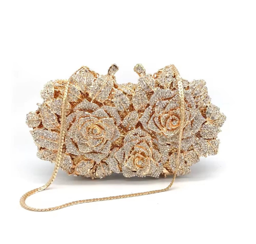 Crystal Rose Garden Clutch – Luxury Floral Evening Bag Gold