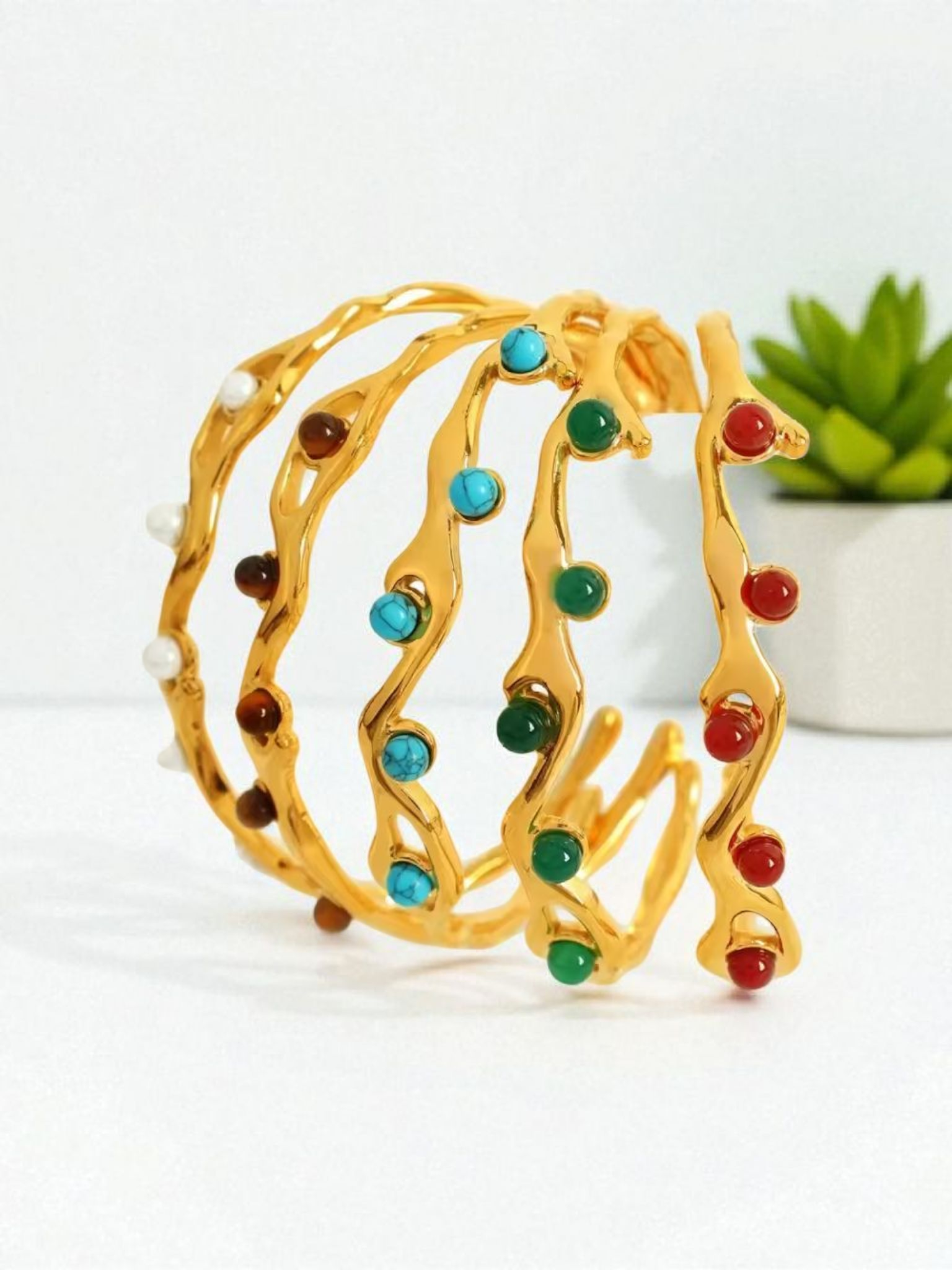 Gold Cuff Bracelets with Gemstone Accents – Adjustable Bangles. Sold Individually