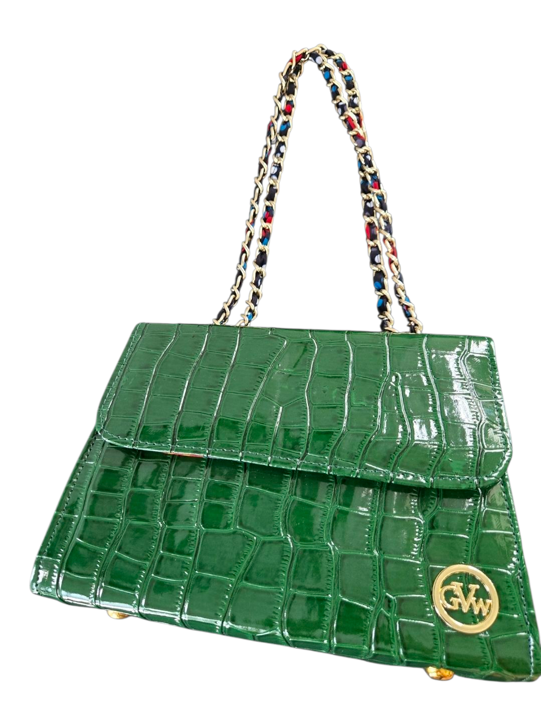GVW Croc-Embossed Chain Shoulder Bag with Ankara Lining – Luxury Crossbody Green