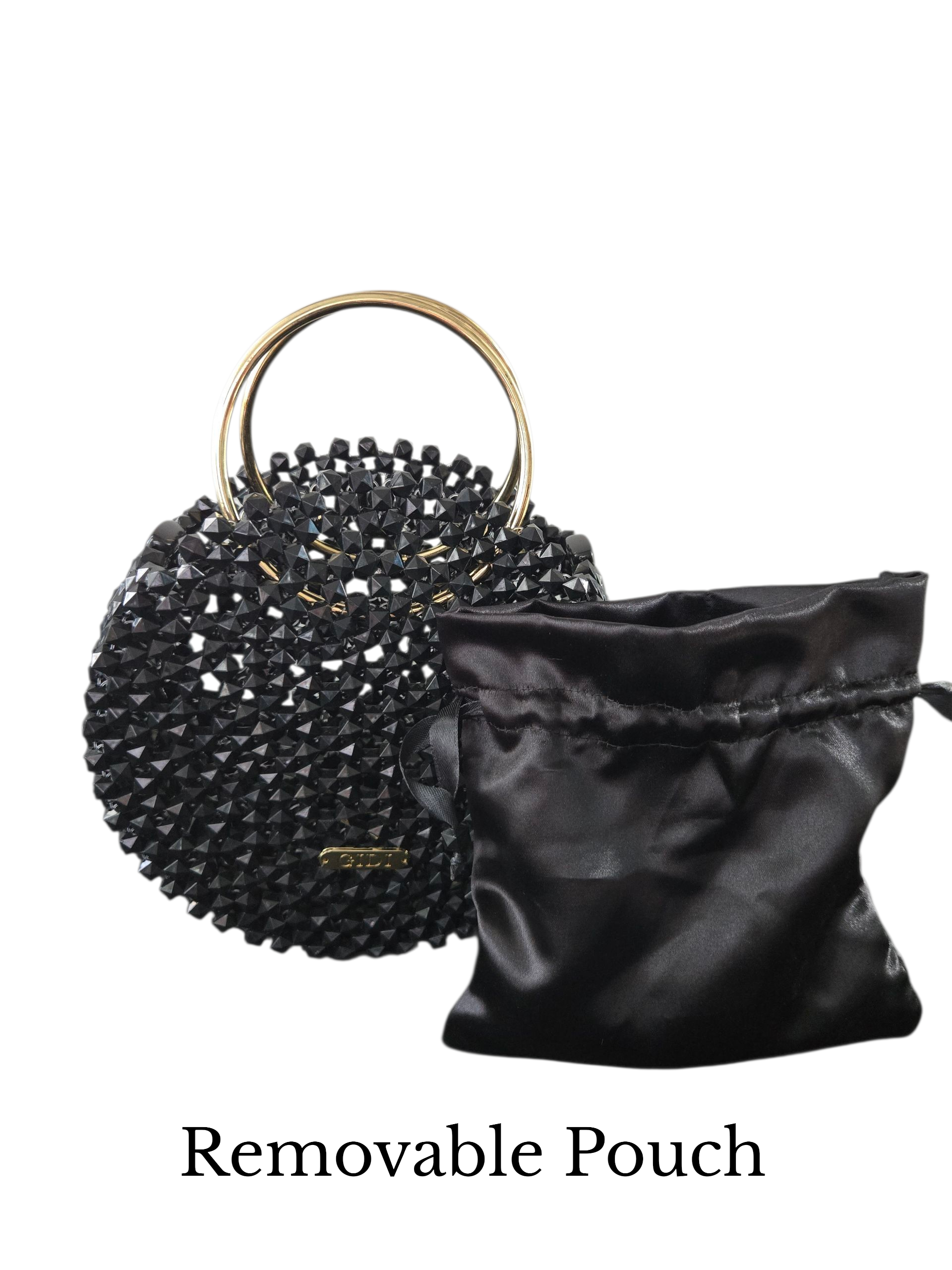 Black Beaded Round Bag with Gold Handles – Luxury Evening Handbag