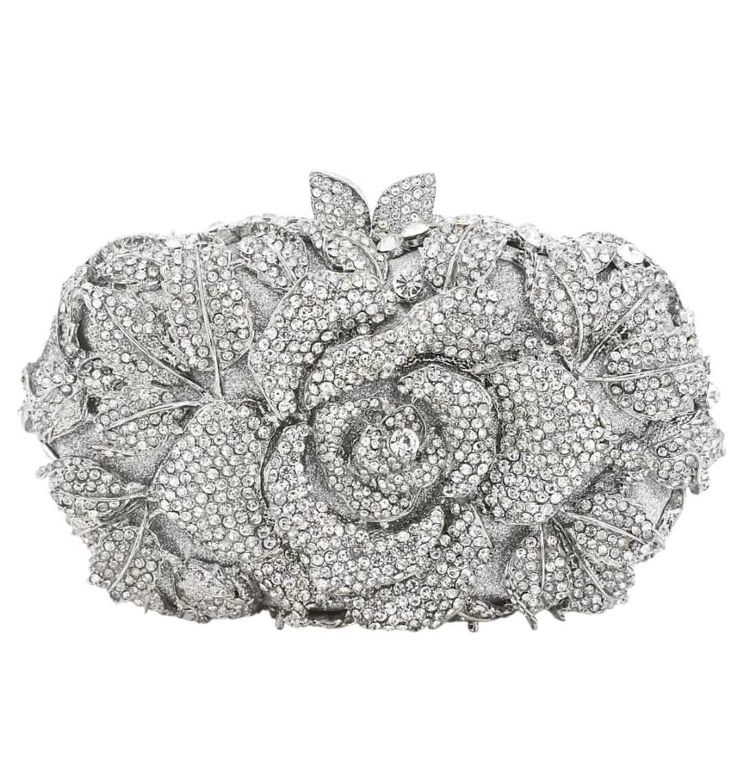 Crystal Rose Evening Clutch – Luxury Floral Rhinestone Bag Silver