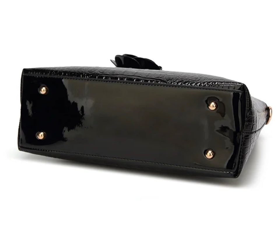 Midnight Luxe Croc-Embossed Tote with Floral Charm & Gold Hardware | House of GVHD