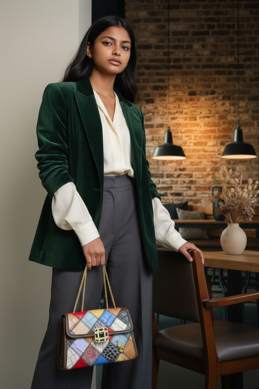 Genuine Leather Patchwork Crossbody Bag – Multicolor Exotic Texture Purse