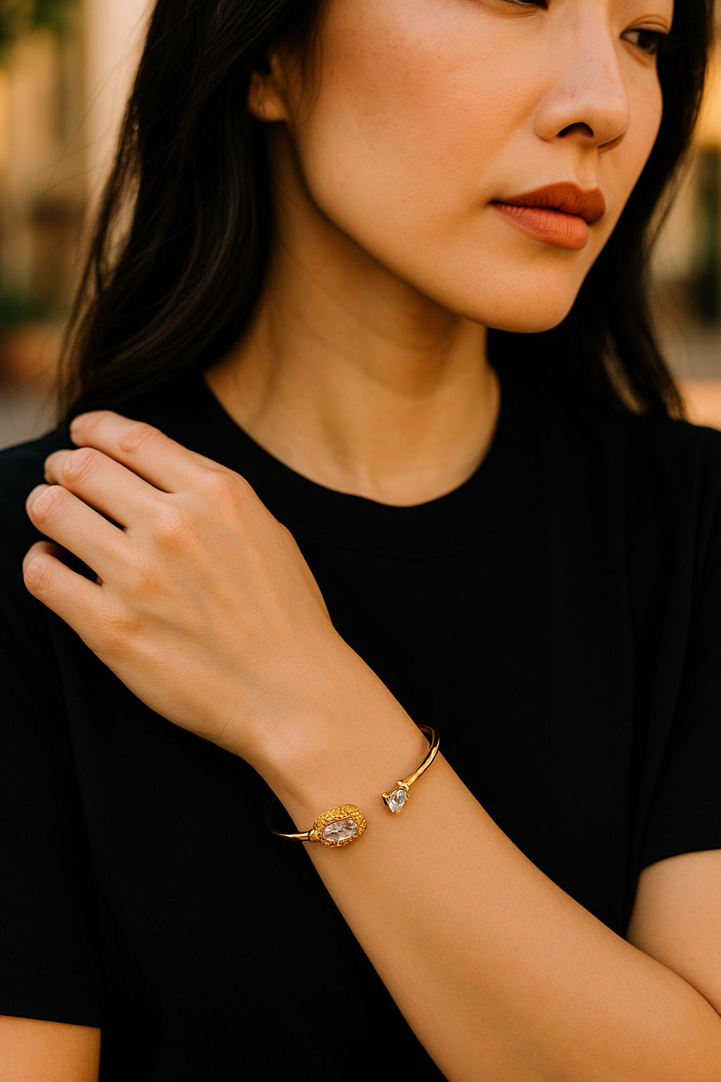 Gold Open Bangle Bracelet with Oval & Teardrop Crystals – House of GVHD Jewelry